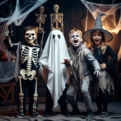 Kids in Halloween Costumes with Skeletons