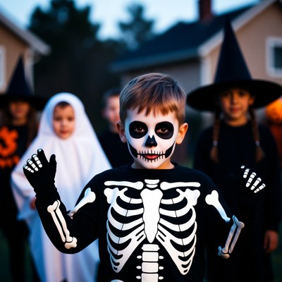 Boy in Skeleton Costume Trick-or-Treating