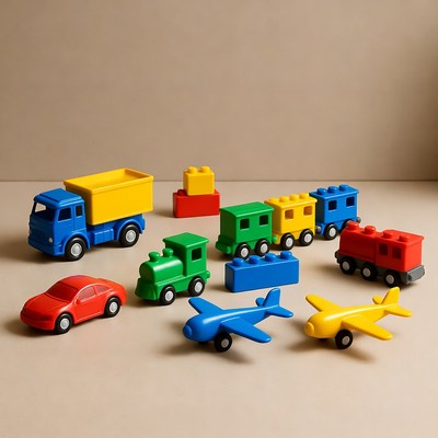 Colorful toy vehicles on beige background