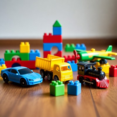 Colorful toy cars trucks train blocks