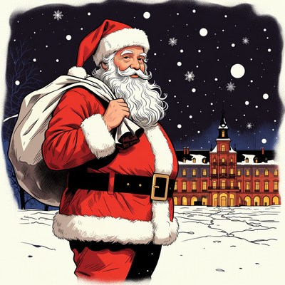 Santa Claus with sack outside mansion