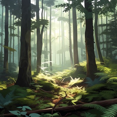 Sunlit Forest Path with Ferns