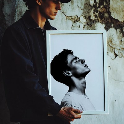 Man holding black and white portrait frame