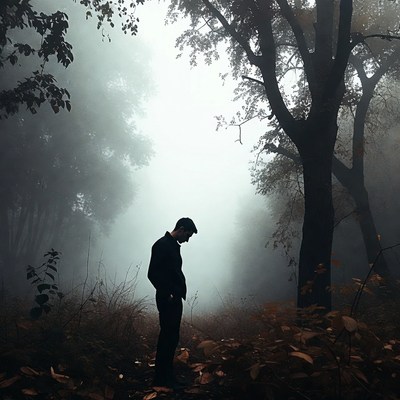 Man standing in foggy forest