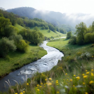 River winding through misty green valley
