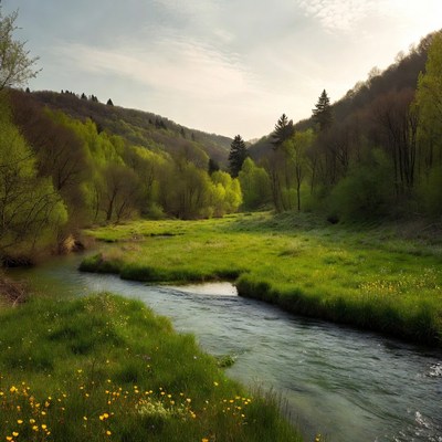 Green Valley with River and Forest
