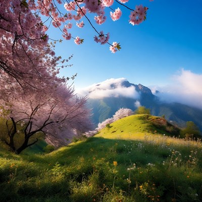 Cherry Blossoms Over Mountain Landscape