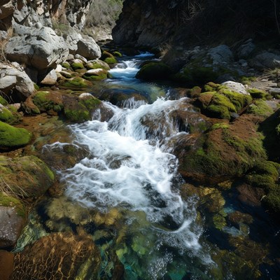 Mountain Stream Flowing Over Mossy Rocks