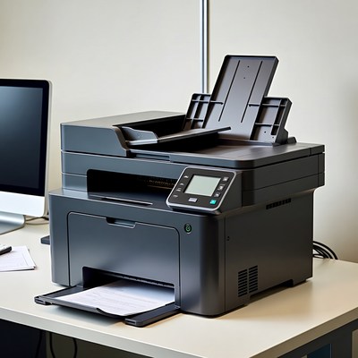 Black multifunction printer on office desk