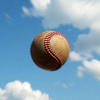 Baseball flying in blue sky