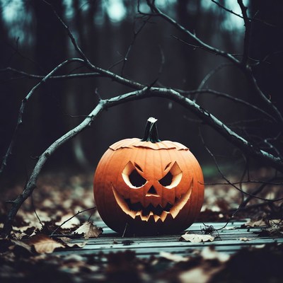 Jack-o'-lantern in dark foggy forest
