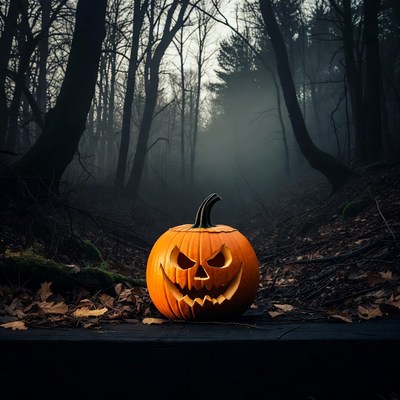 Jack-o'-lantern in foggy forest