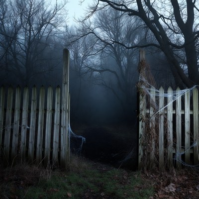 Open spooky gate in foggy forest
