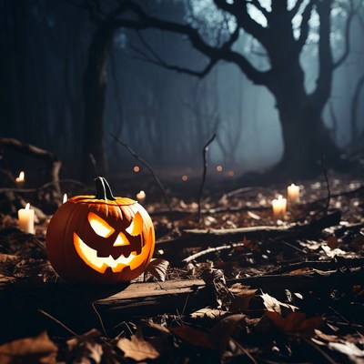 Jack-o'-lantern in foggy forest
