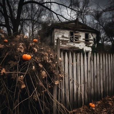 Haunted White House with Pumpkins and Fence