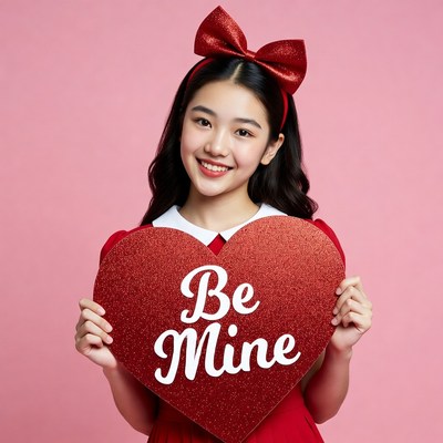 Asian girl holding Be Mine heart sign