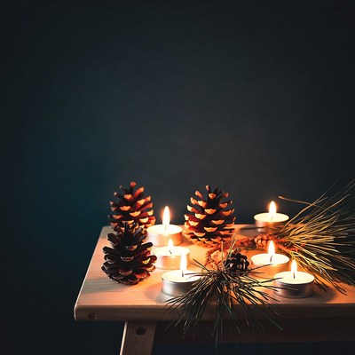 Pine Cones and Candles on Wooden Table