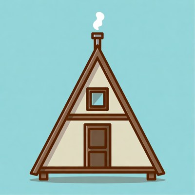Cartoon A-Frame Cabin with Chimney Smoke