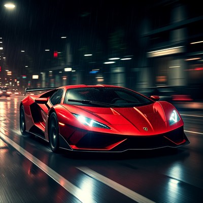 Red Lamborghini Huracan driving in rain