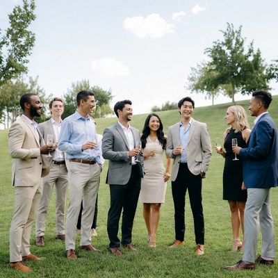 Diverse group toasting with wine glasses outdoors