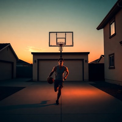 Man dribbling basketball at sunset