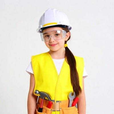 Girl in hard hat with tools
