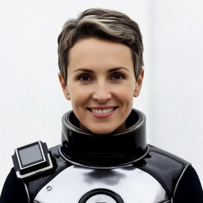Woman in futuristic spacesuit smiling