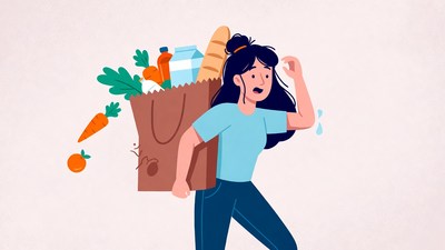 Woman rushing with heavy grocery bag