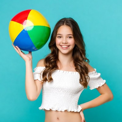 Girl holding colorful beach ball