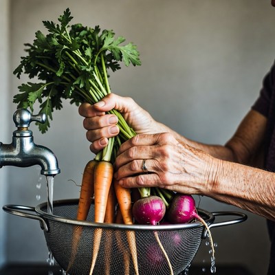 Elderly woman washing carrots and beets