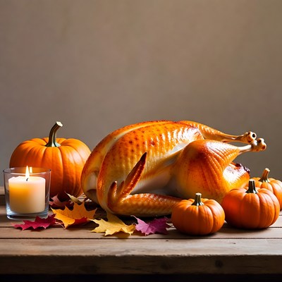 Roasted Turkey with Pumpkins and Candle