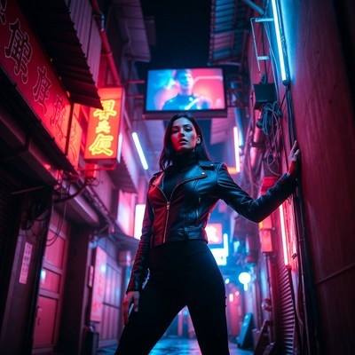Woman in neon-lit Asian alley