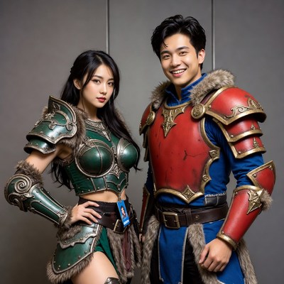 Asian couple in green and red fantasy armor
