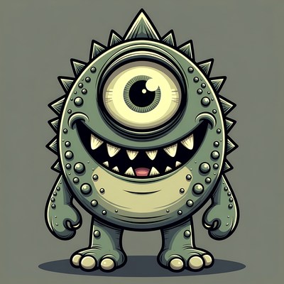 Grinning green one-eyed cartoon monster