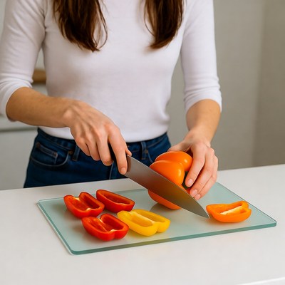 Woman chopping bell peppers