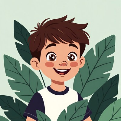 Smiling boy surrounded by green leaves