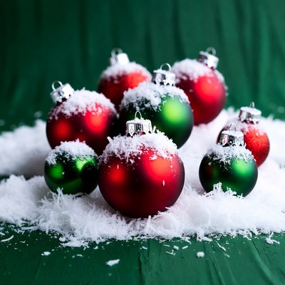 Red and Green Christmas Ornaments on Snow