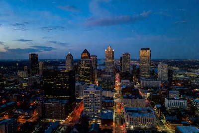 Aerial Cleveland skyline at dusk