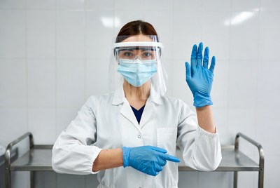 Asian woman doctor in PPE pointing