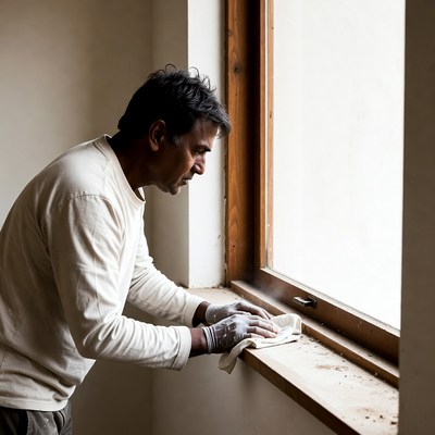 Man cleaning window with cloth
