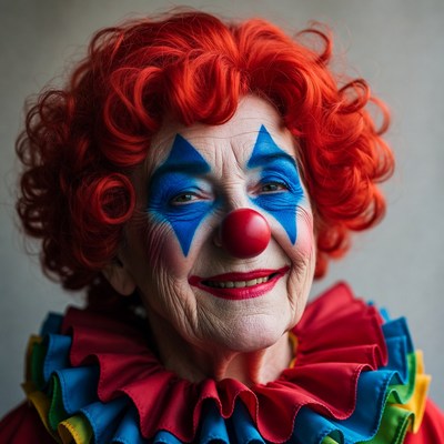 Elderly woman as clown smiling