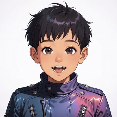 Anime boy smiling in shiny jacket