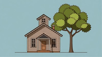 Cartoon Schoolhouse with Tree
