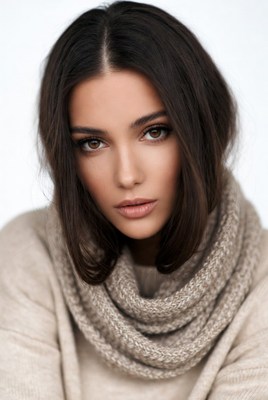 Woman with brown hair in beige scarf