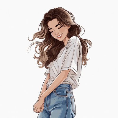 Smiling woman in white t-shirt and jeans