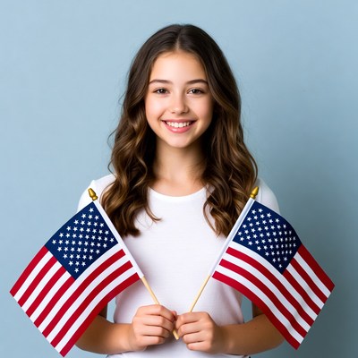 Girl holding two American flags
