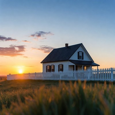 White house with picket fence at sunset
