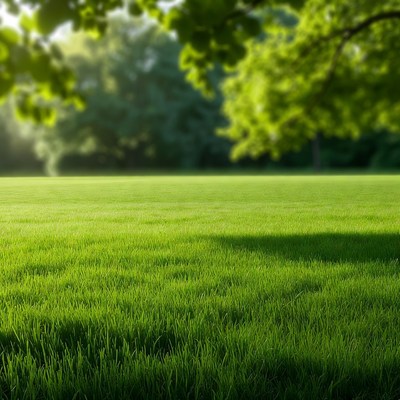 Lush green grass field with trees