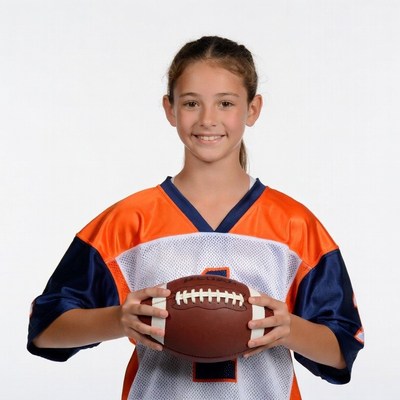 Girl holding football in orange jersey
