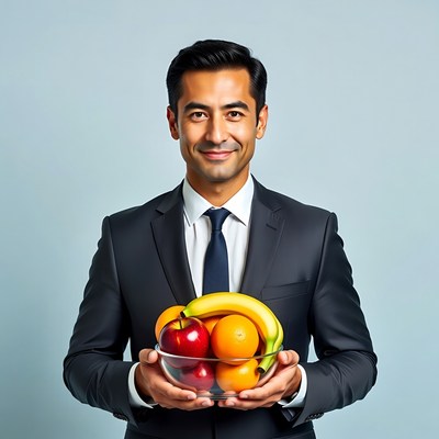 Man in suit holding fruit bowl